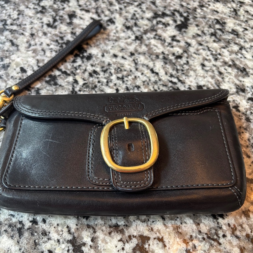 Coach Black Leather Wristlet with Gold Buckle